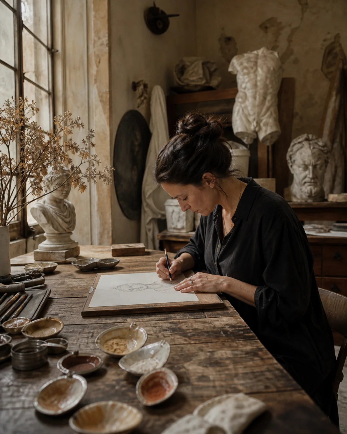 A contemporary artist drawing in a quiet Italian atelier
