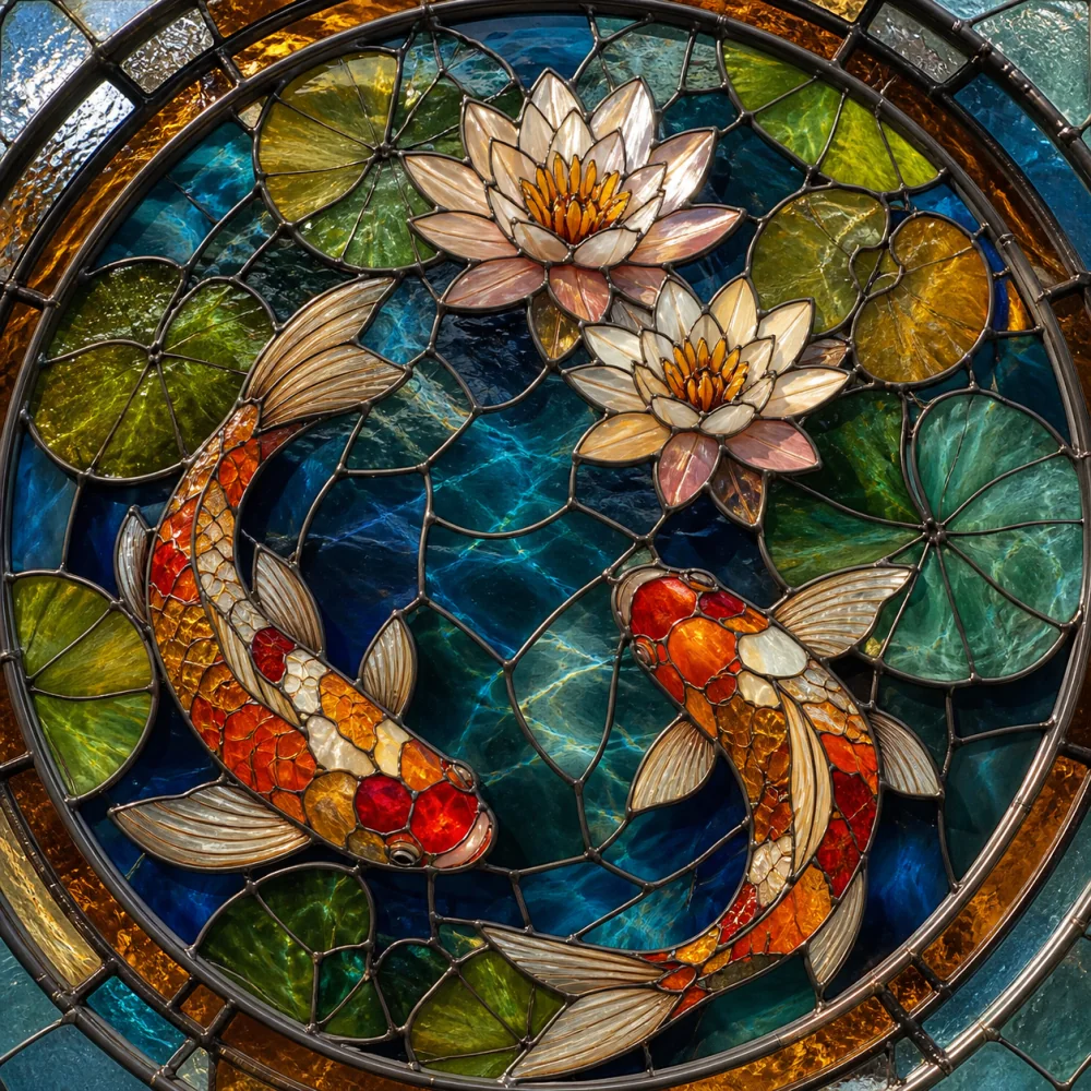 Stained Glass Koi — Graphic craft with translucent jewel tones and metal leadwork
