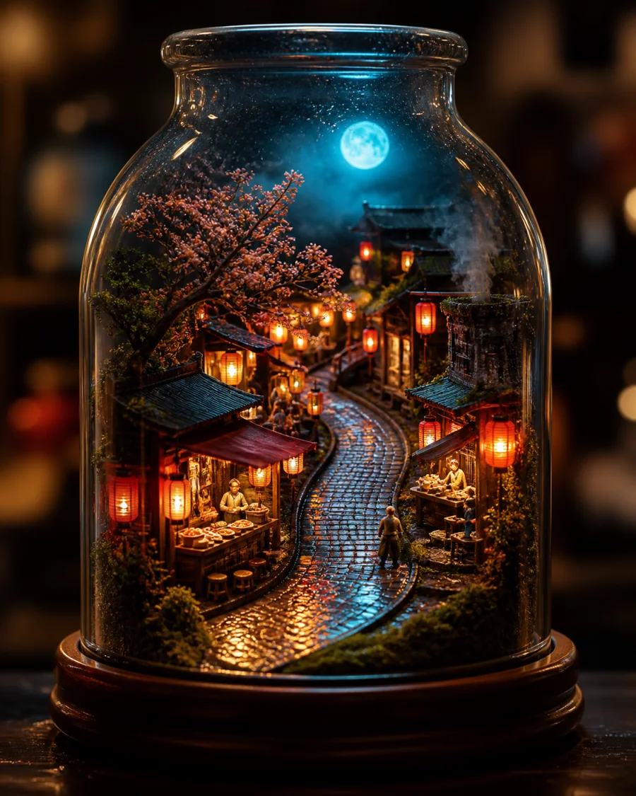 Terrarium Night Market — Miniature world macro tracking with pulsing ambient neon highlights