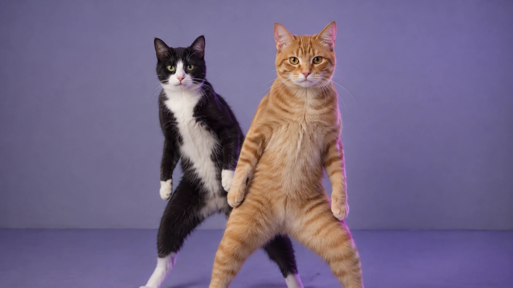 Two cats in a light studio dance scene