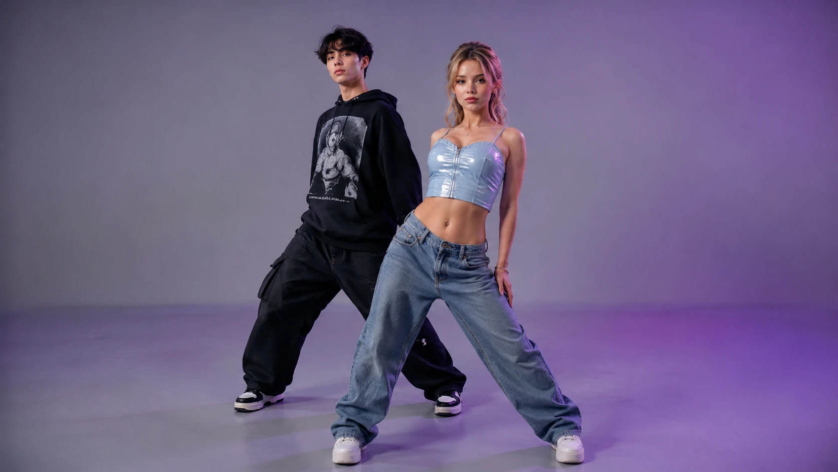 Two performers shown in a dance video scene