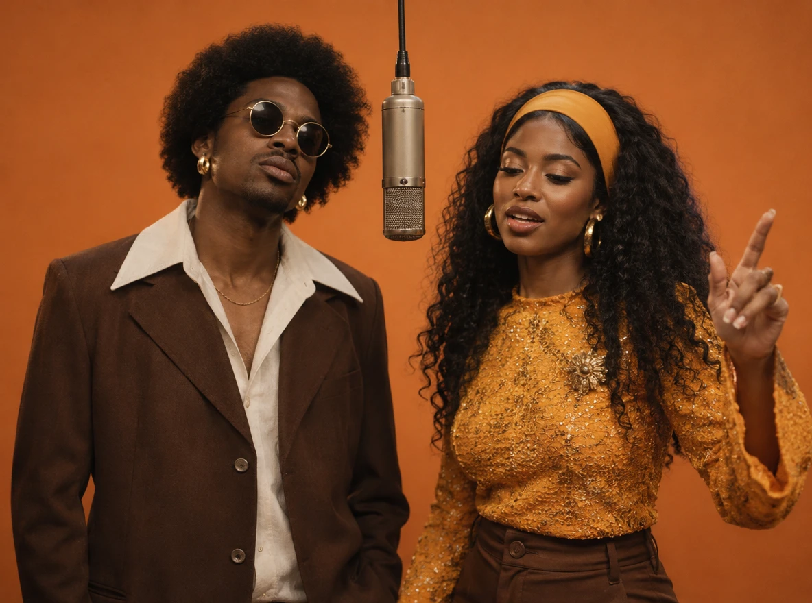 A rap duo performing in a consistent retro scene